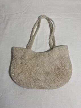 Vintage White Seed Bead Evening Handbag Purse Floral Pattern Hong Kong Mini Bag